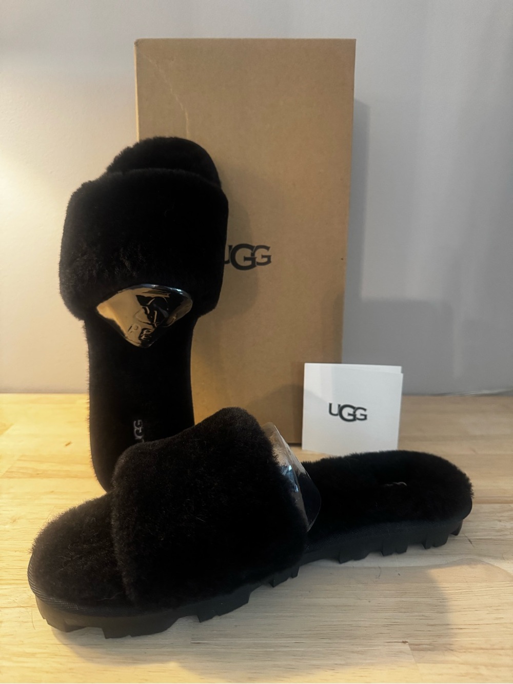 UGG Women's Black Fluffy Slide Shearling Sandals